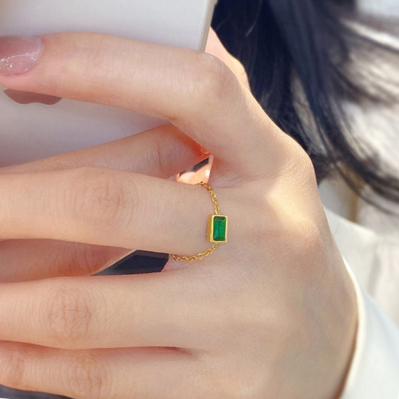 New green zirconium chain ring, vintage high-end light luxury index finger ring, adjustable pull-out ring