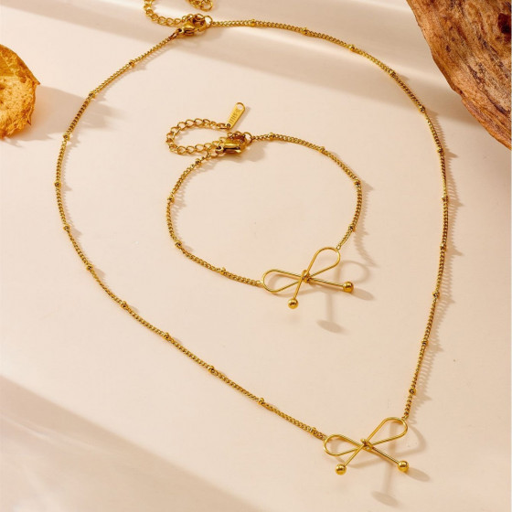 Women's Titanium Steel Non-Fading Bow gold New High-End Jewelry Set, Including Bracelet and Necklace