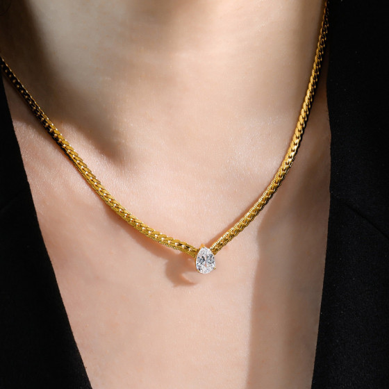 Non-fading water drop zirconia Snake bone necklace for women, plated collarbone chainJin Xiaozhong vintage high-end luxury accessories