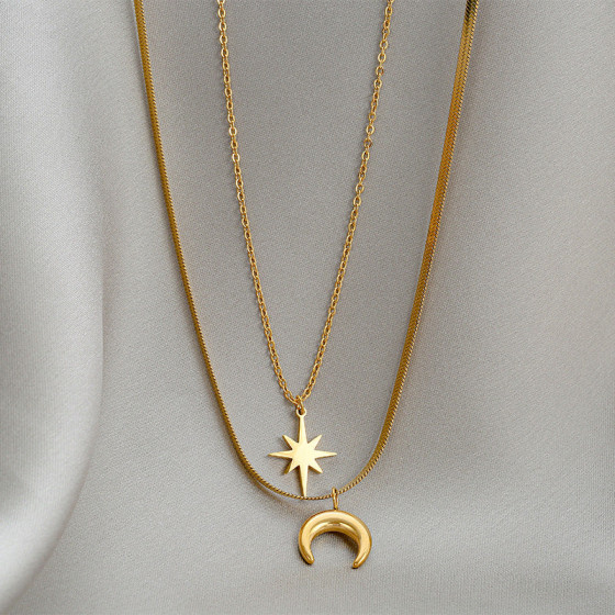 Unique design double-layer hexagram moon necklace for women, trendy and popular ins Minimalist and cool multi-layered design