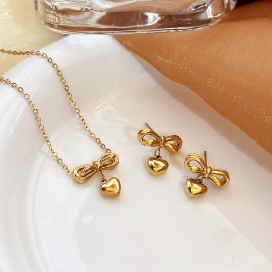 New bowknot heart-shaped earrings and stainless steel necklace for women, light luxury, non-fading, fashionable, versatile clavicle accessory