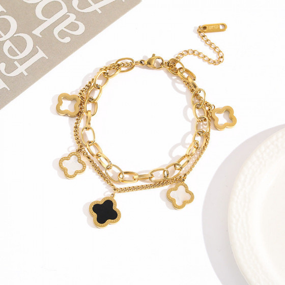 Hip-hop style bracelet for women, four-leaf clover double-layer chain titanium steel jewelryRose gold stylish bracelet for fashionistas